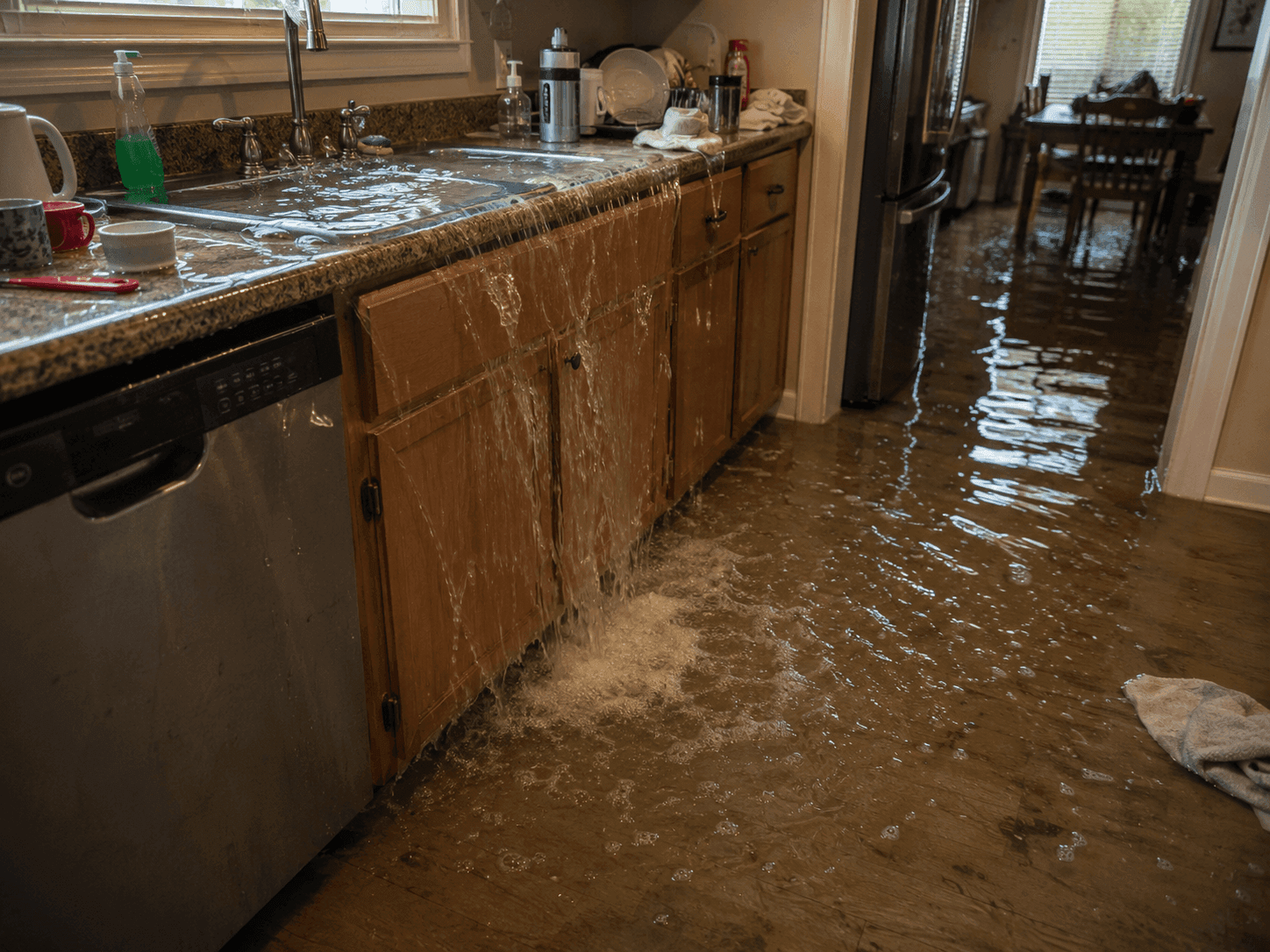 Une cuisine inondée : l'eau déborde de l'évier et se répand sur le sol.